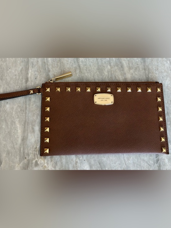 Michael Kors Handbags - Michael Kors Brown Saffiano Leather Clutch with Gold Hardware